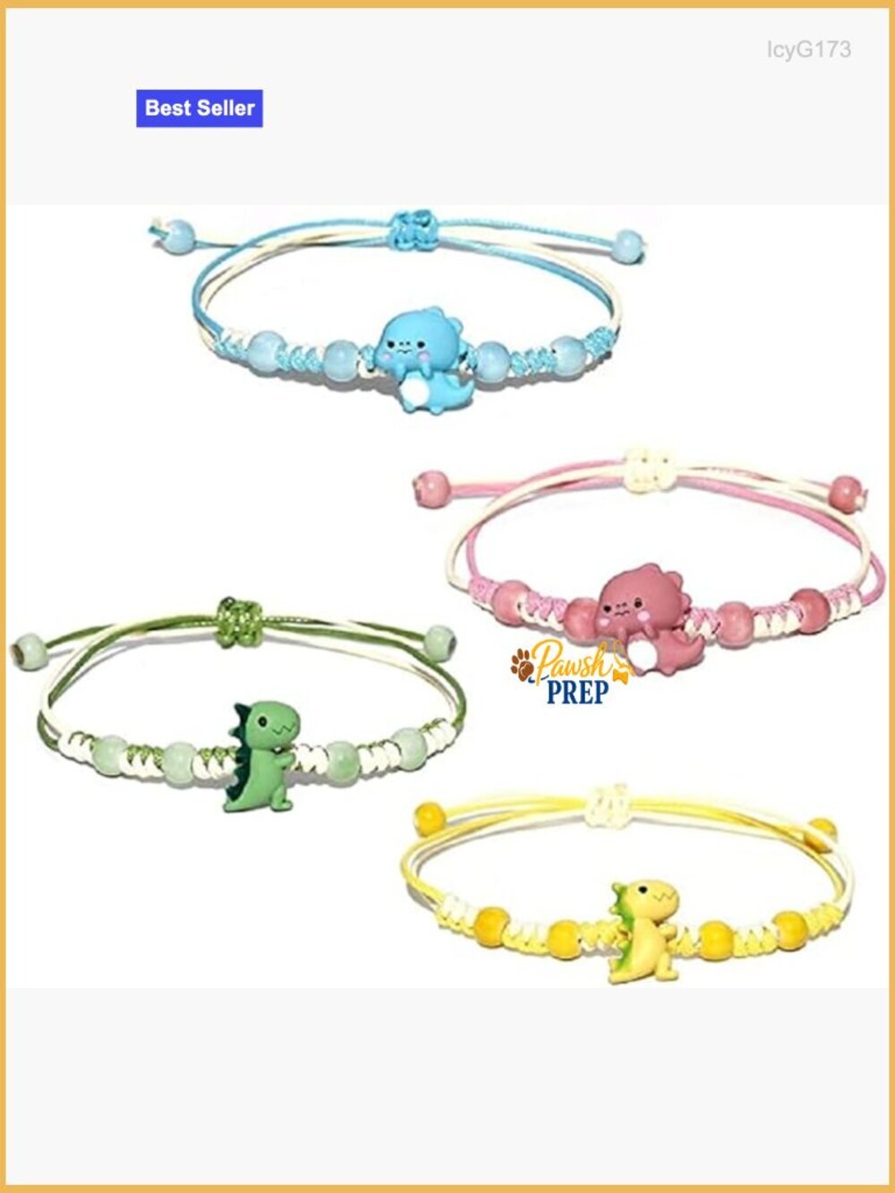 4-Piece Adjustable Dinosaur Beaded Bracelet Set, Wax Line & Resin